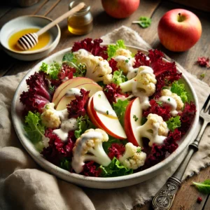 Een frisse salade van knapperige rode sla, zoetzure stukjes appel en rauwe gemarineerde bloemkoolroosjes, geserveerd in een witte keramische kom. De salade is overgoten met een romige dressing van zure room, honing en citroensap. Extra appelpartjes en een lichte kruidenstrooiing zorgen voor een smaakvolle afwerking. Op de rustieke houten tafel liggen een linnen servet, een vintage vork en een klein schaaltje met extra dressing. Zachte natuurlijke verlichting benadrukt de levendige kleuren en verse ingrediënten.