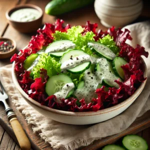 Een frisse salade met knapperige rode sla en een romige, lichtgroene komkommersaus, geserveerd in een witte keramische kom. Dunne plakjes komkommer liggen als garnering bovenop de salade. De rustieke houten tafel is aangekleed met een linnen servet, een vintage vork en een klein schaaltje met extra dressing. Zachte natuurlijke verlichting benadrukt de levendige kleuren en verse ingrediënten.