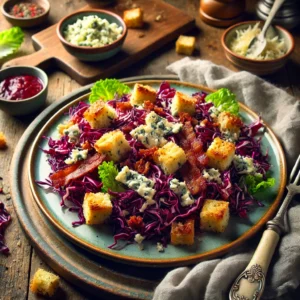 Een kleurrijke rodekoolsalade met fijngesneden rode kool, knapperige bacon en goudbruine croutons, aangemaakt met een frisse vinaigrette. De salade is afgemaakt met romige Roquefort kaas en verse sla voor extra textuur en smaak. Naast het bord ligt een vintage vork en een linnen servet op een rustieke houten tafel. Op de achtergrond een houten snijplank met extra kaas, croutons en een kommetje dressing. De warme, natuurlijke belichting benadrukt de rijke kleuren en hartige smaken van dit verfijnde gerecht.