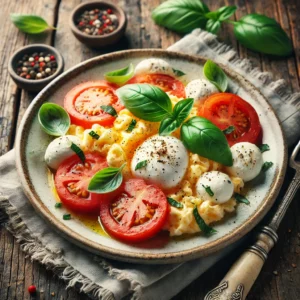Een bord met romig roerei, geserveerd met plakjes verse mozzarella, rijpe tomaat en geurige basilicumblaadjes. De eieren zijn luchtig en zacht, terwijl de gesmolten mozzarella en de frisse tomaat een heerlijke balans vormen. Op de rustieke houten tafel liggen een linnen servet, een vintage vork en een klein schaaltje met extra basilicum. Zachte natuurlijke verlichting benadrukt de warme tinten en de delicate texturen van het gerecht.