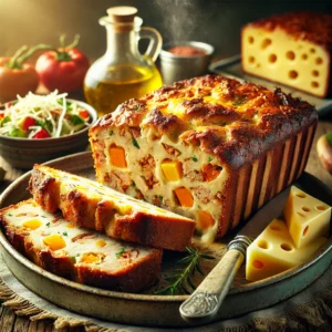 Goudbruin gehaktbrood met gesmolten kaasblokjes, ui en paprika, in plakken geserveerd met salade op een rustiek bord.