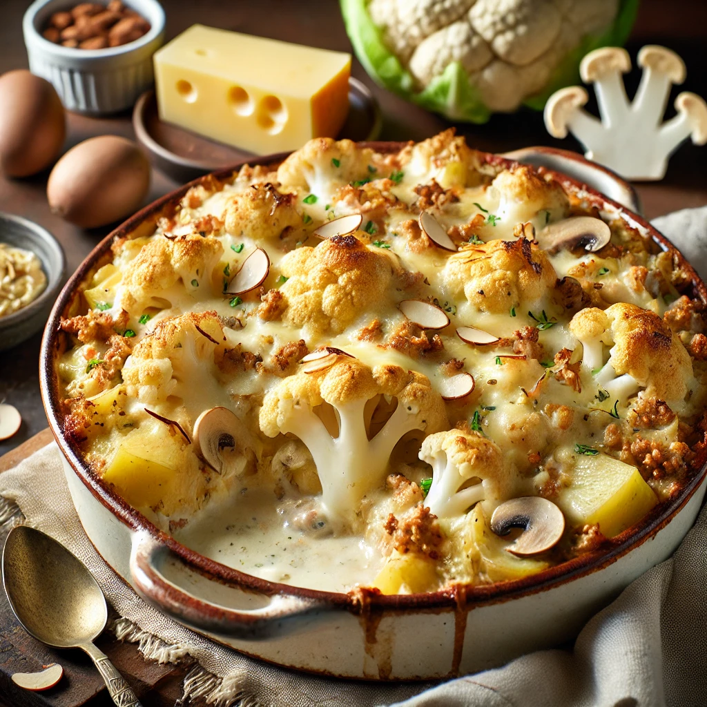 Ovenschotel met laagjes aardappel, bloemkool, gehakt en champignons in romige Stroganoffsaus, gegratineerd met kaas en amandelschaafsel, geserveerd in een ovenschaal op een houten tafel.