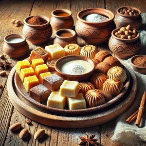 Een rustieke houten tafel met romige Dutch borstplaat in verschillende smaken, gerangschikt op een keramisch bord. Sommige stukken hebben traditionele vormen. Ernaast liggen schaaltjes met smaakmakers zoals cacao, vanille en koffie, samen met een lichte bestuiving van poedersuiker.