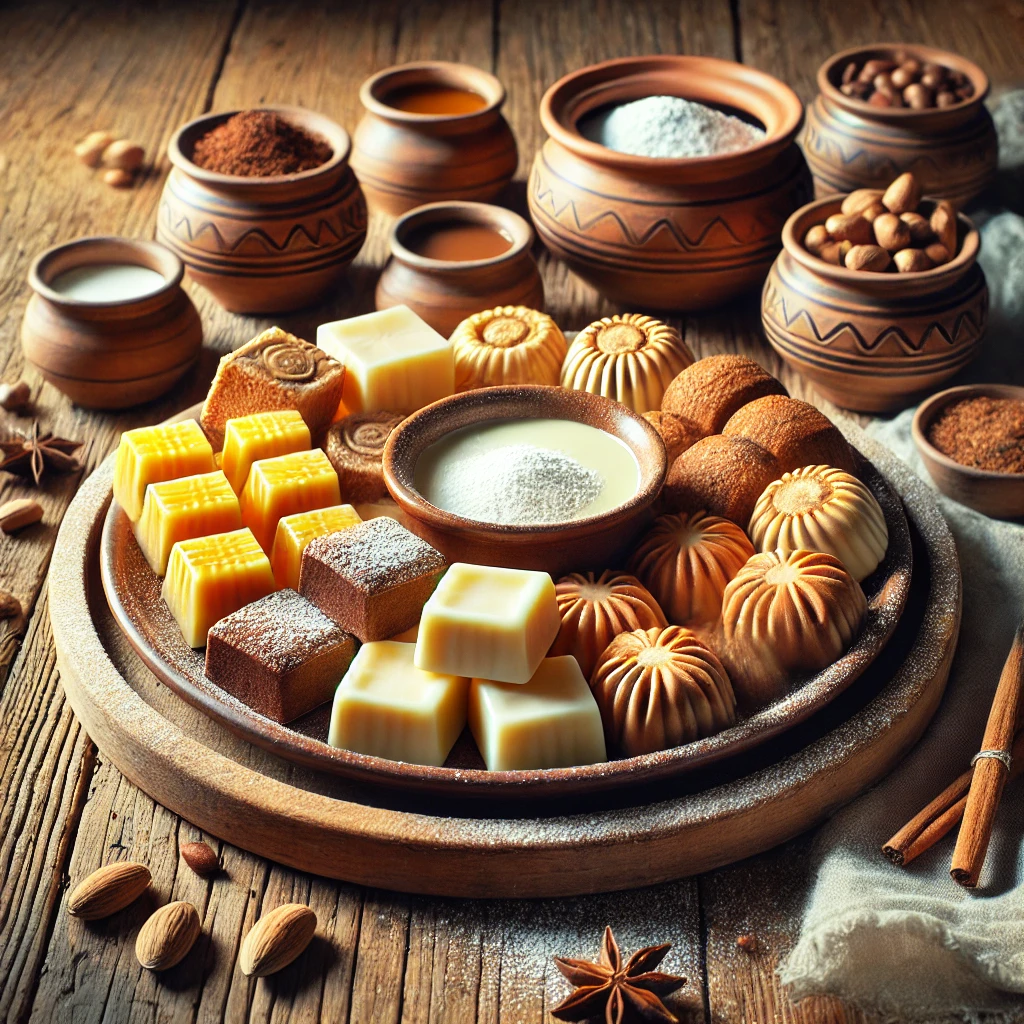 Een rustieke houten tafel met romige Dutch borstplaat in verschillende smaken, gerangschikt op een keramisch bord. Sommige stukken hebben traditionele vormen. Ernaast liggen schaaltjes met smaakmakers zoals cacao, vanille en koffie, samen met een lichte bestuiving van poedersuiker.