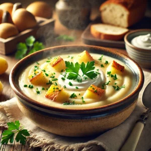 Romige aardappelsoep in een rustieke kom, gegarneerd met verse kruiden, croutons en een drupje room, geserveerd op een houten tafel met brood en kruiden op de achtergrond.