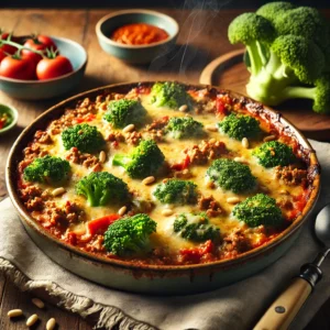Ovenschotel met broccoli, gehakt, paprika en pijnboompitten in een romige tomatensaus, geserveerd in een rustieke ovenschaal op een houten tafel.