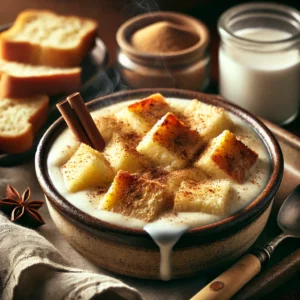 Traditionele broodpap met stukjes zacht brood, bestrooid met kaneel en suiker, geserveerd in een kom met warme melk op een houten tafel.