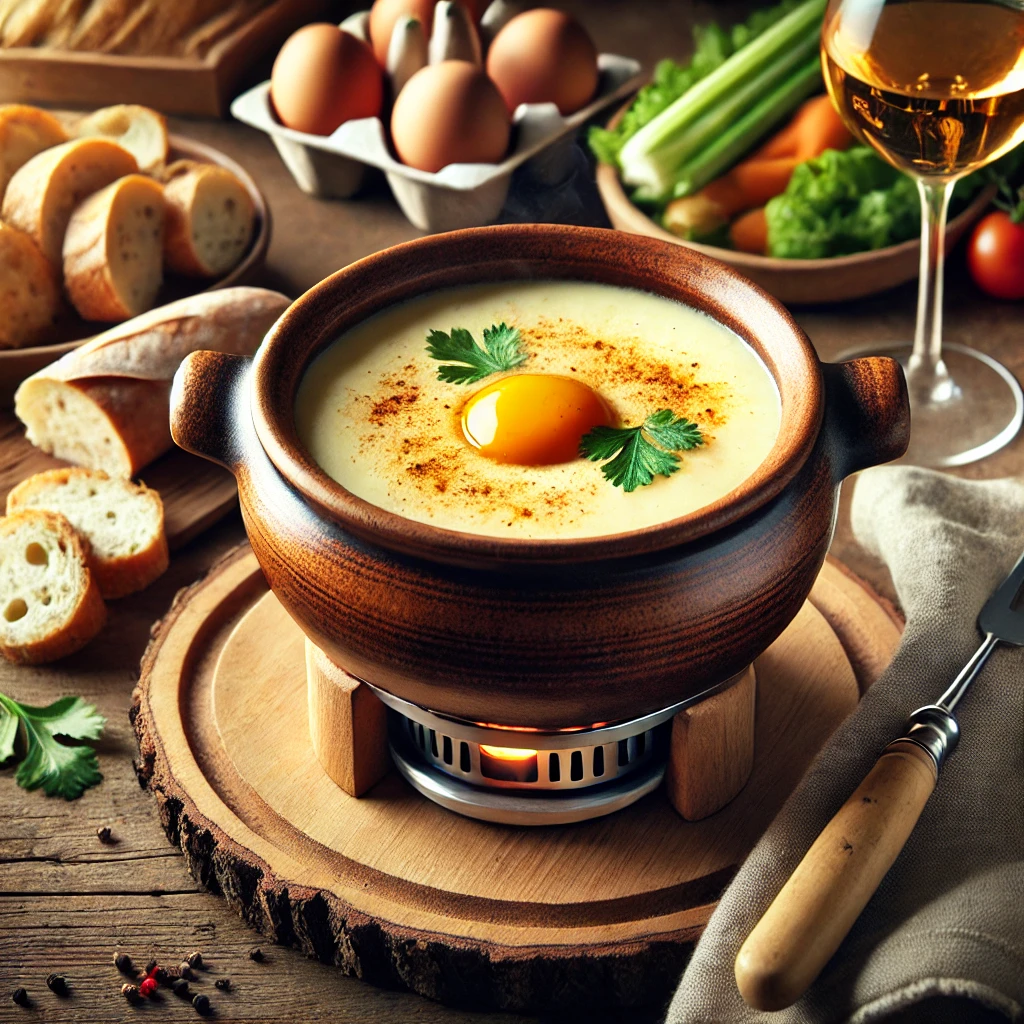 Een rustieke houten tafel met een romige Zwitserse eierkaasfondue, geserveerd in een traditionele aardewerken pot. Ernaast liggen rustiek brood, verse groenten en een glas witte wijn, perfect voor een gezellige fondue-avond.