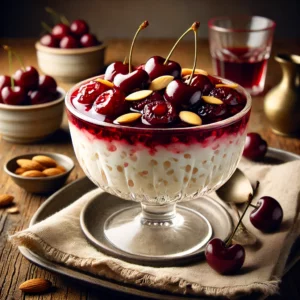 Een elegant dessert van romige vanille-rijstpudding met sherry, geserveerd in een glazen schaaltje. De pudding is gegarneerd met glanzende, diepe rode kersen in sherrysiroop en krokante, goudbruine amandelen. Op de achtergrond een rustieke houten tafel met een linnen servet, een glas sherry en een schaaltje extra kersen, sfeervol verlicht voor een warme, uitnodigende presentatie.