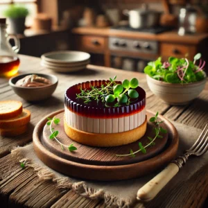 Een rustieke houten tafel met een klein, rond torentje van romige kippenmousse, afgewerkt met een glanzende laag balsamico-aspic. De mousse is elegant gegarneerd met kruiden en microgroenten. Ernaast liggen dunne toastjes en een kleine salade met vinaigrette. De achtergrond toont een gezellige, zacht verlichte keuken.