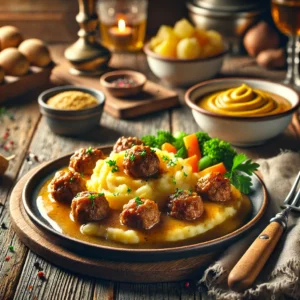Een rustieke houten tafel met een bord romige koolraapstamppot, gemengd met aardappelen, geserveerd met sappige gehaktballen in een rijke jus. Het gerecht is gegarneerd met verse peterselie. Een bijgerecht van gestoomde groenten en een klein kommetje mosterd maken de maaltijd compleet. De achtergrond toont een gezellige keuken met warme verlichting.