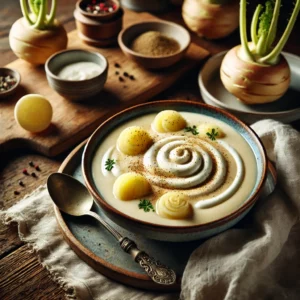 Een kom fluweelzachte koolrabisoep met aardappel, subtiel gekruid met nootmuskaat en zwarte peper. De soep heeft een romige textuur en is gegarneerd met een swirl van crème fraîche en verse kruiden. Naast de kom ligt een vintage lepel en een linnen servet op een rustieke houten tafel. Op de achtergrond staat een houten snijplank met verse koolrabi, een schaaltje crème fraîche en een klein potje kruiden. De warme, natuurlijke belichting benadrukt de zachte, volle smaken van dit troostrijke gerecht.