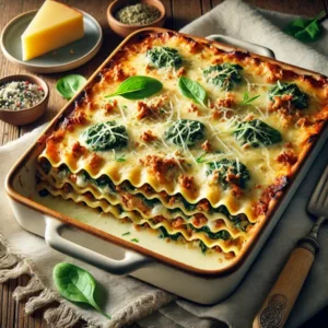 Haarscherpe afbeelding van romige lasagne met laagjes pasta, spinazie, gekruid gehakt, bechamelsaus en gesmolten kaas, goudbruin gebakken. Geserveerd in een keramische ovenschaal op een rustieke houten tafel.