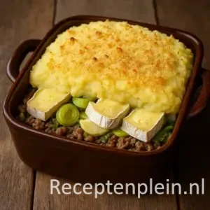 Realistische ovenschotel met lagen van gehakt, prei, camembert en aardappelpuree, afgedekt met een goudbruin paneermeelkorstje in een bruine ovenschaal op een houten tafel.