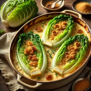 Gestoofde slakropjes in romige botersaus met lavas en nootmuskaat, gebakken met goudbruin beschuitkruim in een ovenschaal op een houten tafel.
