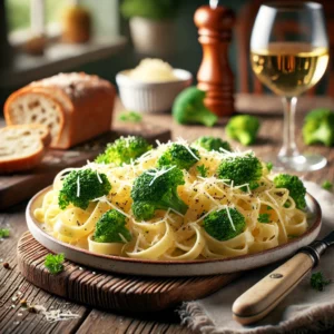 Een rustieke houten tafel met een bord romige tagliatelle, gemengd met malse broccoliroosjes en royaal bestrooid met geraspte oude kaas. Het gerecht is gegarneerd met versgemalen zwarte peper en peterselie. Ernaast ligt een snee rustiek brood en een glas witte wijn. De achtergrond toont een gezellige keuken met zachte, warme verlichting.