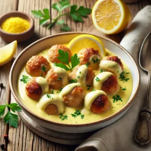 Haarscherpe afbeelding van goudbruine gehaktballetjes in een romige saus met citroenzeste en -sap. Afgewerkt met verse peterselie en dunne schijfjes citroen, geserveerd in een wit keramisch kommetje op een rustieke houten tafel.