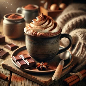 Een rustieke houten tafel met een grote mok romige warme chocolademelk, donker van kleur en rijk van smaak, afgewerkt met een toef slagroom en een snufje cacaopoeder. Naast de mok liggen een stukje pure chocolade en een kaneelstokje. Op de achtergrond ligt een zachte wollen deken en is een knus, warm verlichte keuken zichtbaar.