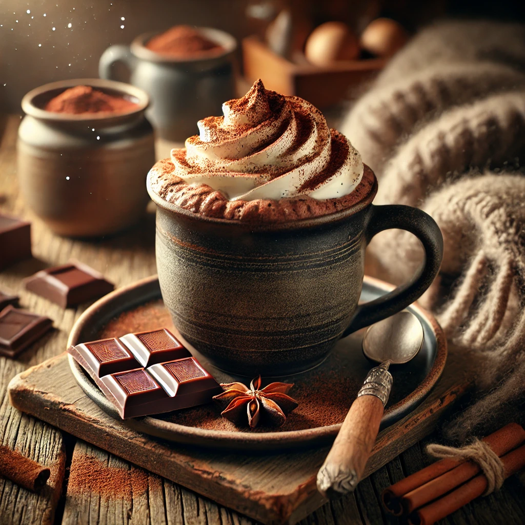 Een rustieke houten tafel met een grote mok romige warme chocolademelk, donker van kleur en rijk van smaak, afgewerkt met een toef slagroom en een snufje cacaopoeder. Naast de mok liggen een stukje pure chocolade en een kaneelstokje. Op de achtergrond ligt een zachte wollen deken en is een knus, warm verlichte keuken zichtbaar.