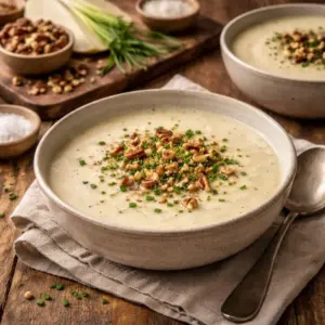 Twee kommen romige witlofsoep gegarneerd met fijngehakte pecannoten en verse bieslook, geserveerd op een rustieke houten tafel met een linnen servet en bijpassende ingrediënten op de achtergrond.