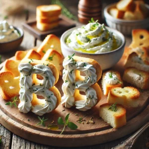 Knapperige crostini met elegant gespoten roomkaasletters, gegarneerd met verse kruiden en geserveerd op een rustieke houten plank.