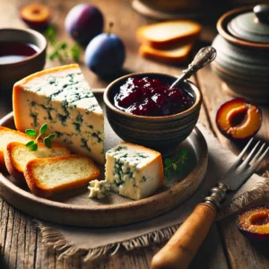 Een rustieke houten tafel met Roquefort kaas geserveerd met zoete pruimencompote. De Roquefort is in kleine punten gesneden en ligt op keramische bordjes, vergezeld van een rijke, donkere pruimencompote. Ernaast liggen melbatoastjes en verse kruiden.