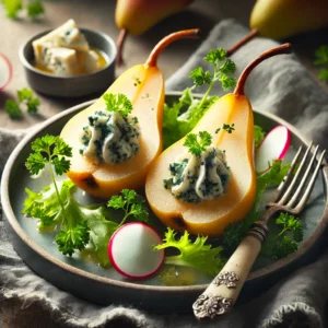 Een elegant voorgerecht van gepocheerde peren, gevuld met een romige Roquefort-kaascrème. De peren zijn gegarneerd met dunne plakjes radijs en verse peterselie en geserveerd op een bedje van knapperige salade. Op de rustieke houten tafel liggen een linnen servet, een vintage vork en een klein schaaltje met extra kaas. Zachte natuurlijke verlichting benadrukt de verfijnde texturen en frisse kleuren van het gerecht.