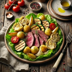 Een rijkgevulde salade met dunne plakjes rosbief, goudbruine gebakken krieltjes en gemarineerde artisjokharten, geserveerd op een bedje van verse botersla. Gegrilde courgetteplakjes en sappige tomatenpartjes voegen kleur en mediterrane smaken toe. De salade is besprenkeld met olijfolie en afgemaakt met een snufje zwarte peper. Op de rustieke houten tafel liggen een linnen servet, een vintage vork en mes, en een klein schaaltje met extra dressing. Zachte natuurlijke verlichting benadrukt de levendige kleuren en verse ingrediënten.