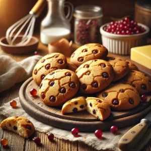 Goudbruine, ronde Rozendaalse koekjes met krenten, rustiek gepresenteerd op een houten plank met een linnen doek en een schaaltje krenten ernaast.