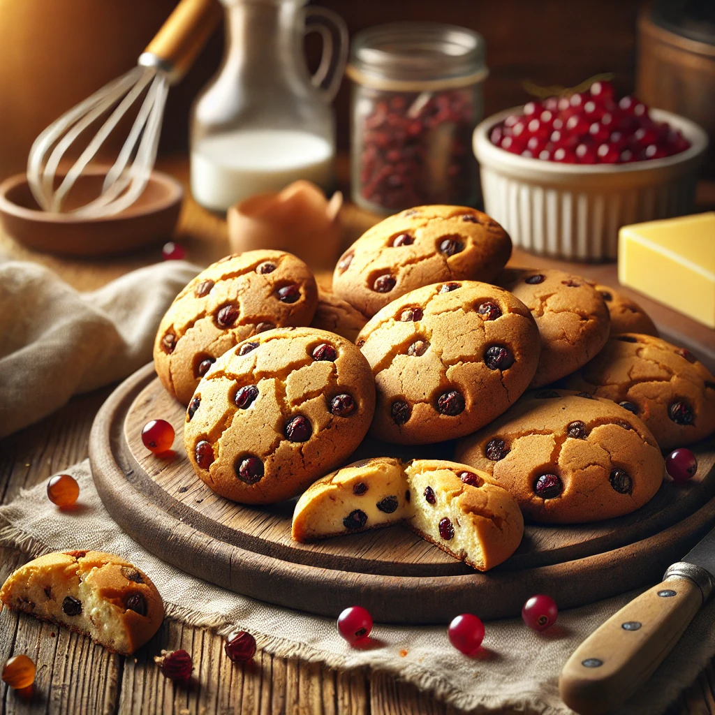 Goudbruine, ronde Rozendaalse koekjes met krenten, rustiek gepresenteerd op een houten plank met een linnen doek en een schaaltje krenten ernaast.