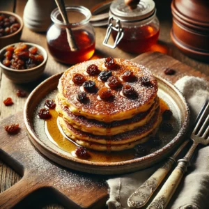 Een bord met traditionele Nederlandse rozijnenpannenkoekjes, ook wel "Drie in de Pan" genoemd, geserveerd op een rustieke houten tafel. De pannenkoekjes zijn goudbruin gebakken, luchtig en gevuld met sappige rozijnen. Ze zijn gestapeld op een keramisch bord, bestrooid met poedersuiker en besprenkeld met stroop. Naast het bord ligt een vintage vork en mes, samen met een linnen servet. Op de achtergrond staat een houten snijplank met extra pannenkoekjes, een schaaltje rozijnen en een potje stroop. De warme, natuurlijke belichting versterkt de rijke texturen en uitnodigende kleuren van het gerecht.