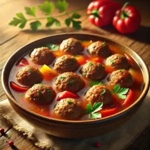 Rundergehaktballetjes in heldere paprikasaus met stukjes paprika en peterselie in rustieke kom op houten tafel.