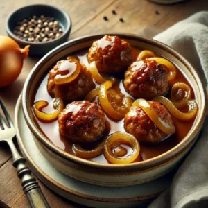 Goudbruine rundergehaktballetjes geserveerd in een romige uiensaus met gekarameliseerde uiringen. Opgediend in een keramische schaal op een rustieke houten tafel, met een vork en linnen servet ernaast, vastgelegd in natuurlijk licht voor een warme, huiselijke sfeer.