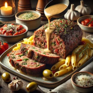 Gesneden rundergehaktbrood met olijven en Parmezaan, geserveerd met romige paddenstoelensaus, pasta en gegrilde groenten op een rustieke schaal.