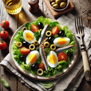 Een klassieke Franse Salade Niçoise, prachtig geserveerd op een witte keramische schaal. De salade bevat verse sla, stukjes hardgekookt ei, fijngesneden ansjovis, zwarte olijven en blokjes tomaat, met een lichte vinaigrette van olijfolie en dragonazijn. Een hele ansjovisfilet en een extra olijf dienen als garnering. De rustieke houten tafel is gedekt met een linnen servet, een vintage vork en een glas gekoelde witte wijn.