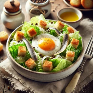 Een verse 'Salade à la minute' met knapperige kropsla, goudbruine croutons, fijngehakte ansjovis en vers geraspte Parmezaanse kaas, geserveerd in een witte keramische kom. In het midden ligt een rauwe eidooier, klaar om aan tafel door de salade gemengd te worden. De salade is licht besprenkeld met olijfolie, citroensap en zwarte peper. Op de rustieke houten tafel staan kleine schaaltjes met extra ingrediënten, een linnen servet en een vintage vork. Zachte natuurlijke verlichting benadrukt de frisse kleuren en texturen.