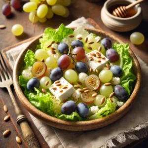 Een verfijnde salade met Romaine sla en andijvie, gegarneerd met plakjes romige geitenkaas en sappige witte en blauwe druiven. De salade is licht besprenkeld met een honing-mosterddressing en afgemaakt met knapperige geroosterde zonnebloempitten. Geserveerd in een rustieke keramische schaal op een houten tafel, met een linnen servet, een vintage vork en een klein schaaltje extra dressing.