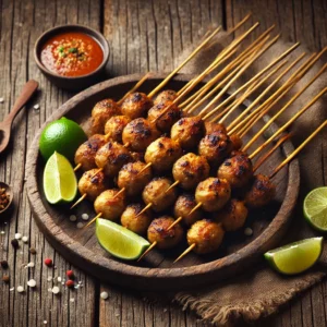 Een rustieke oude houten tafel met Indonesische saté pentol: kleine, ronde gehaktballetjes aan bamboespiesen, licht gegrild en geserveerd met een pittige dipsaus en partjes limoen. Onderaan de afbeelding staat duidelijk 'Receptenplein.nl' vermeld.