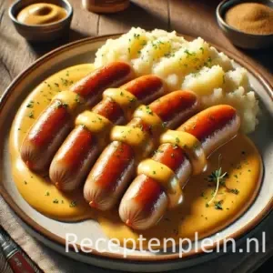 Gebakken saucijsjes met romige mosterdsaus en aardappelpuree op rustiek bord met kruiden op houten tafel.