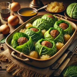 Savooiekoolrolletjes gevuld met gehakt, opgebonden met keukengaren en overgoten met ui en botersaus, geserveerd in een ovenschaal op een houten tafel.
