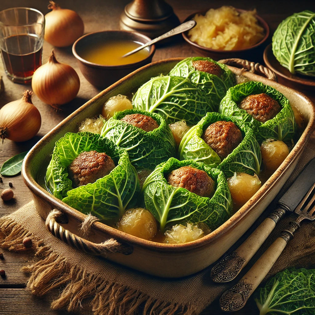 Savooiekoolrolletjes gevuld met gehakt, opgebonden met keukengaren en overgoten met ui en botersaus, geserveerd in een ovenschaal op een houten tafel.