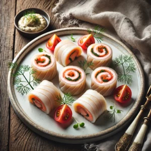 Elegante scholrolletjes gevuld met zalm en mierikswortel, geserveerd op een witte keramische schaal. De rolletjes zijn in plakjes gesneden, waardoor de roze zalmvulling zichtbaar is. Verse dille en microgroenten zorgen voor een frisse garnering. In het midden van het bord ligt een klein hoopje geraspte wortel voor een kleurrijk contrast. Gevulde halve cherrytomaatjes maken de presentatie compleet. Op de rustieke houten tafel liggen een linnen servet, een vintage vork en een klein schaaltje met extra mierikswortelsaus. Zachte natuurlijke verlichting benadrukt de verfijnde texturen en smaken van het gerecht.