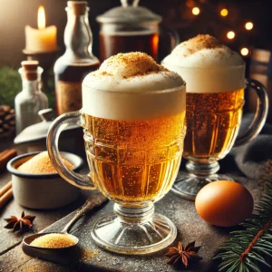 Traditioneel Schots Nieuwjaarsdrankje 'Het Pint' met bier, whisky en nootmuskaat, geserveerd warm en schuimig in glazen mokken op een rustieke houten tafel.