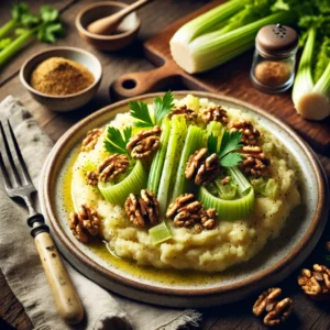 Een romige stamppot van knolselderij en aardappel, gemengd met zachte bleekselderij en op smaak gebracht met mosterd. De stamppot is gegarneerd met knapperig geroosterde walnoten en verse selderijblaadjes. Naast het bord liggen een vintage vork en mes, samen met een linnen servet op een rustieke houten tafel. Op de achtergrond staat een houten snijplank met verse bleekselderij, extra walnoten en een schaaltje mosterd. De warme, natuurlijke belichting benadrukt de zachte texturen en hartige smaken van dit winterse gerecht.