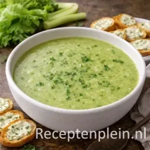 Een kom met romige groene soep tijdens het Slasoep maken, geserveerd met toastjes besmeerd met kruidenkaas.