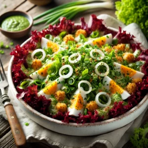 Een frisse Slavonische lentesalade met knapperige rode sla, fijngesneden lente-uitjes en een romige eiersaus met groene kruiden, geserveerd in een witte keramische kom. Goudbruine geroosterde broodkruimels en gebakken lente-ui ringen zorgen voor een krokante afwerking. Op de rustieke houten tafel liggen een linnen servet, een vintage vork en een klein schaaltje met extra dressing. Zachte natuurlijke verlichting benadrukt de levendige kleuren en verse ingrediënten van de salade.