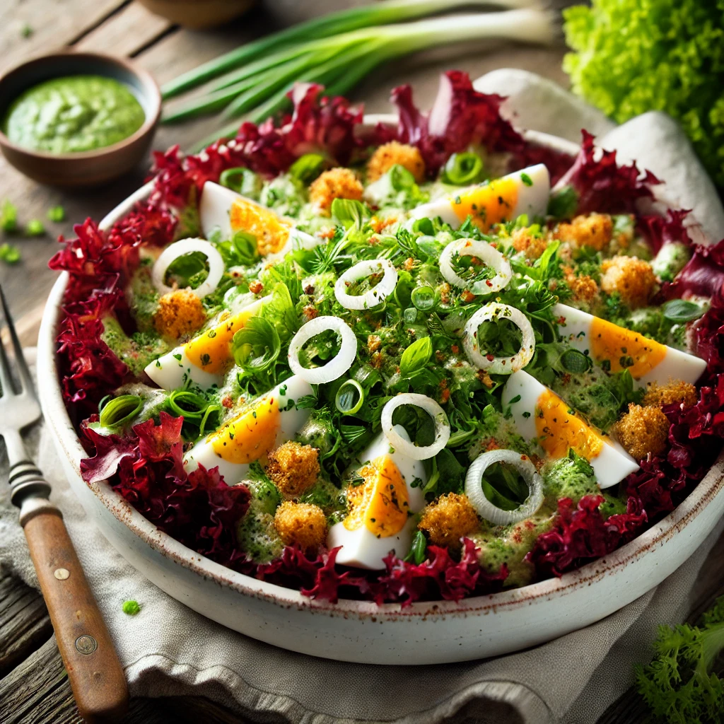 Een frisse Slavonische lentesalade met knapperige rode sla, fijngesneden lente-uitjes en een romige eiersaus met groene kruiden, geserveerd in een witte keramische kom. Goudbruine geroosterde broodkruimels en gebakken lente-ui ringen zorgen voor een krokante afwerking. Op de rustieke houten tafel liggen een linnen servet, een vintage vork en een klein schaaltje met extra dressing. Zachte natuurlijke verlichting benadrukt de levendige kleuren en verse ingrediënten van de salade.