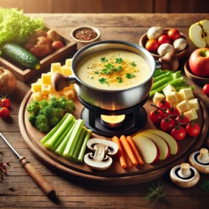 Een rustieke houten tafel met een kaasfondue, omringd door verse groenten en fruit, zoals appelpartjes, bleekselderij, tomaten en champignons, geserveerd op een houten schaal. De kaasfondue is gegarneerd met verse kruiden en heeft een warme, uitnodigende sfeer.