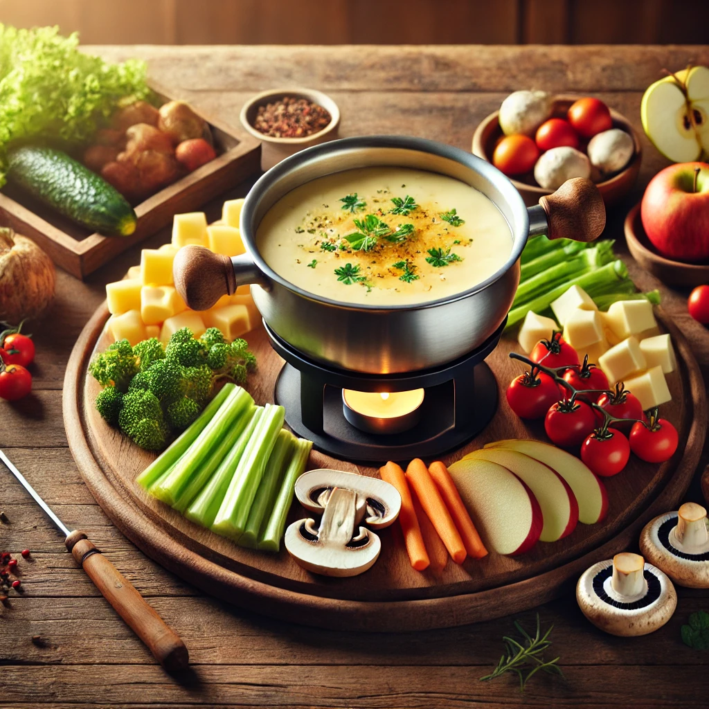 Een rustieke houten tafel met een kaasfondue, omringd door verse groenten en fruit, zoals appelpartjes, bleekselderij, tomaten en champignons, geserveerd op een houten schaal. De kaasfondue is gegarneerd met verse kruiden en heeft een warme, uitnodigende sfeer.