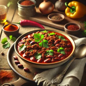 Een kom met snelle chili con carne, gevuld met gehakt, bruine bonen en een rijke rode saus. Het gerecht is gegarneerd met verse koriander en een vleugje paprikapoeder. Naast de kom ligt een vintage lepel en een linnen servet op een rustieke houten tafel. Op de achtergrond staat een houten snijplank met een gehalveerde paprika, een ui en een schaaltje kruiden. De warme, natuurlijke belichting benadrukt de volle smaken en de robuuste texturen van dit heerlijke comfortfood.